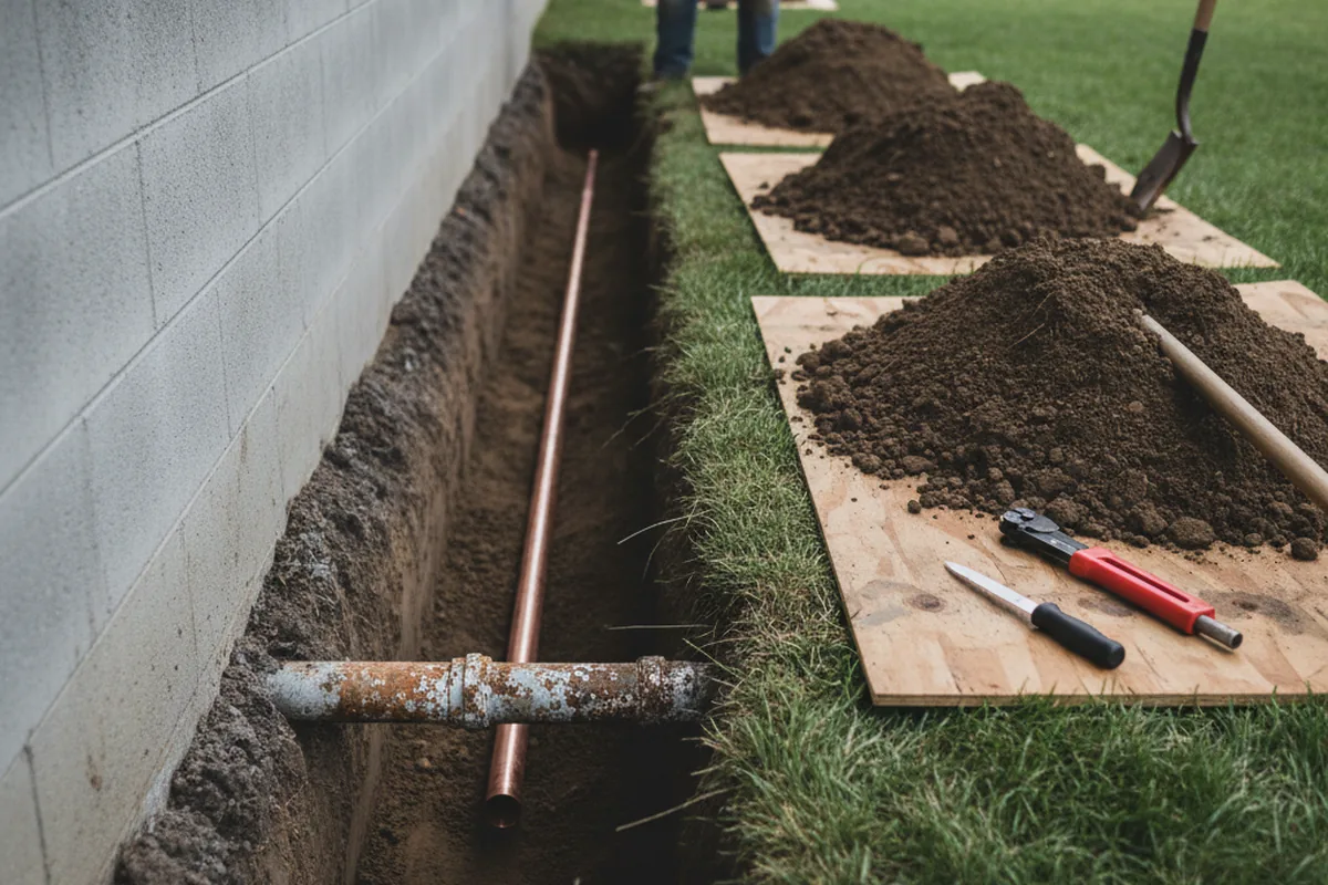 Excavated water line trench during Water Heater Repair in Gloucester